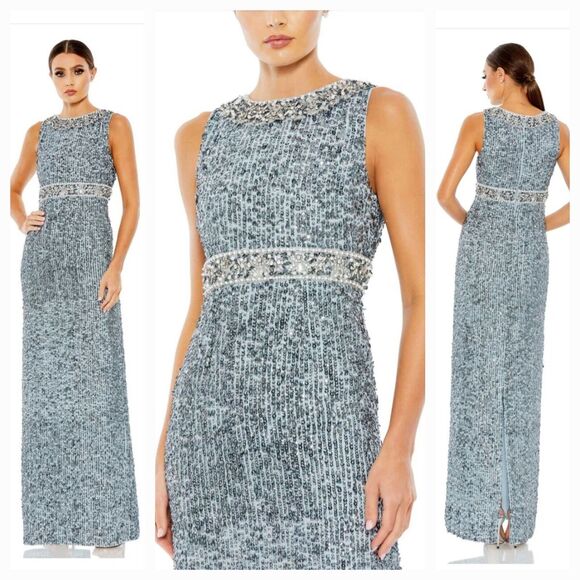 MAC DUGGAL 10839 Slate Blue Sequined Sleeveless Embellished Neckline Gown (12) - Picture 1 of 12